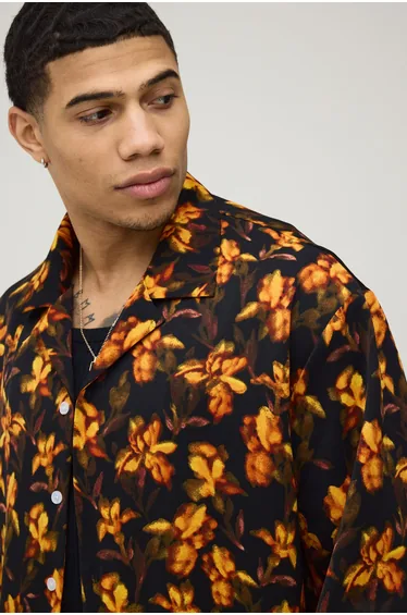 Oversized Boxy Long Sleeve Burred Floral Print Shirt - black