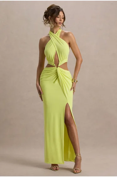 Aura | Lime Green Halter-Neck Cut-Out Split Maxi Dress