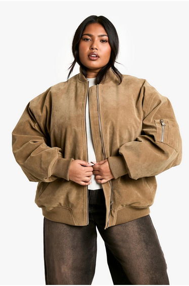 Plus Vintage Suede Look Oversized Bomber Jacket