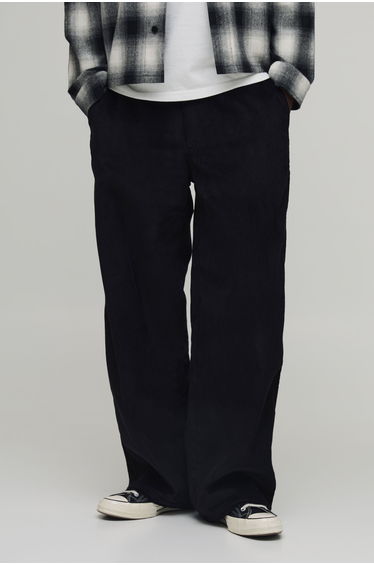 Baggy Cord Woven Tab Trousers - black