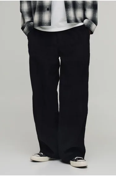 Baggy Cord Woven Tab Trousers - black