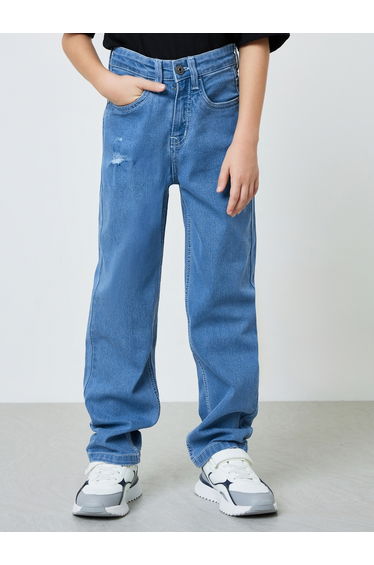 Boys Medium Blue Distressed Detail Regular Fit Jeans