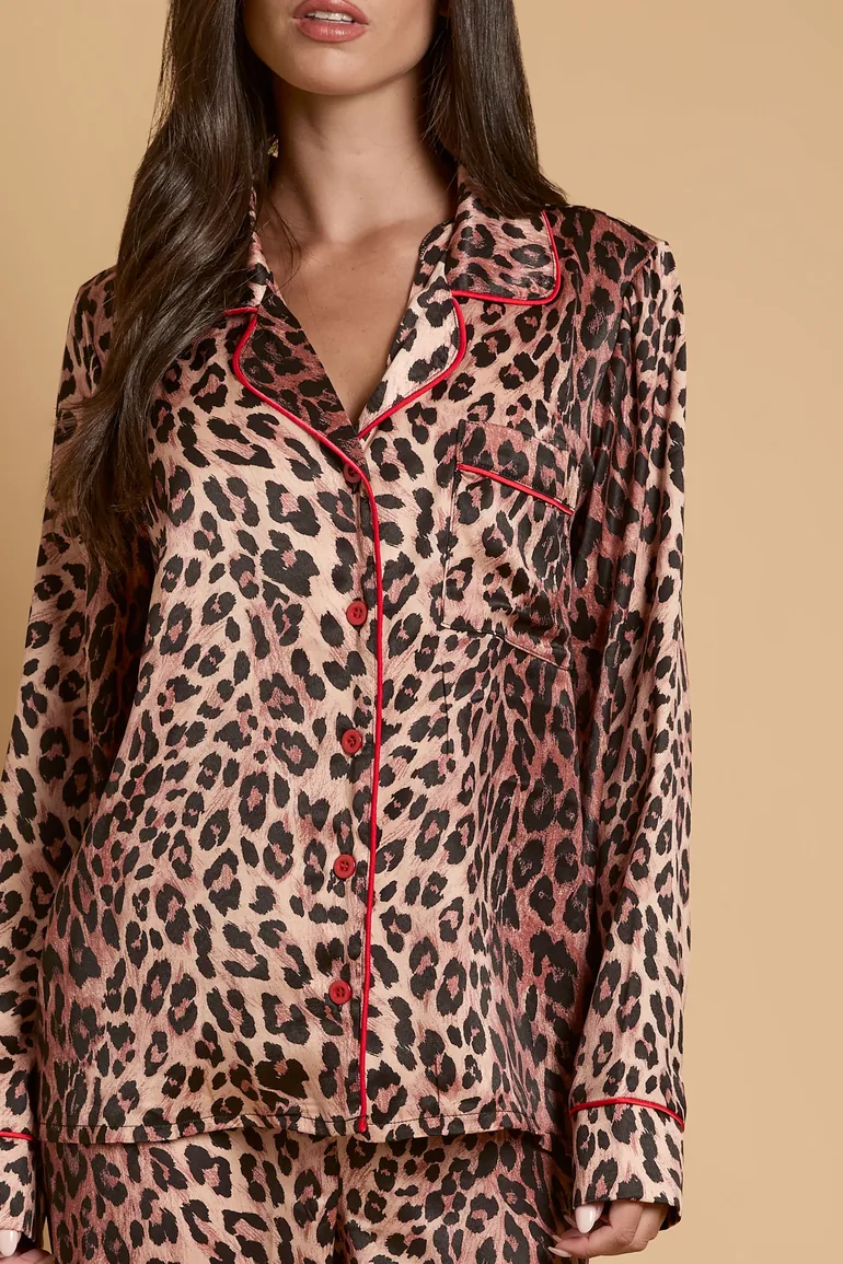 Leopard Long Sleeve Satin Printed Nightwear Set - 3