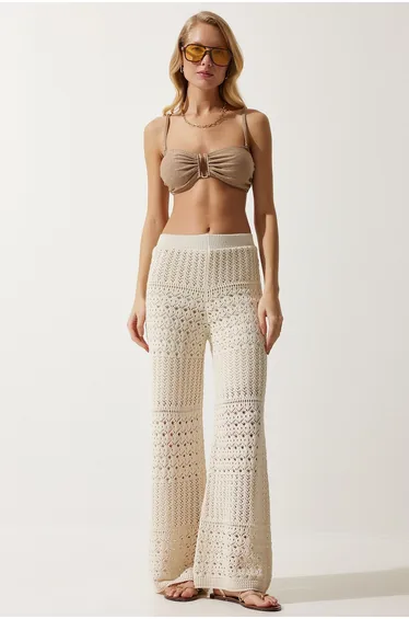 Women's Cream Openwork Knitwear Trousers
