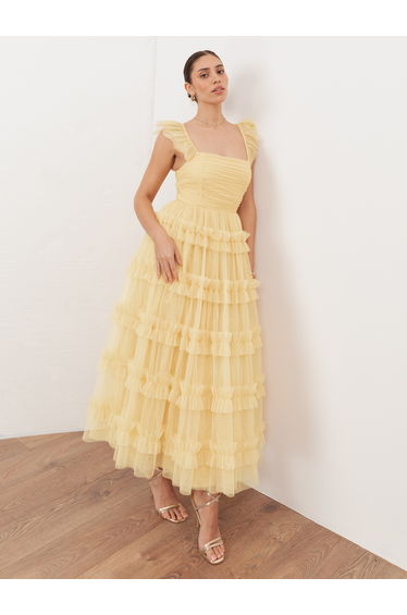 Anaya With Love Recycled Butter Yellow Square Neck Frill Midaxi Dress