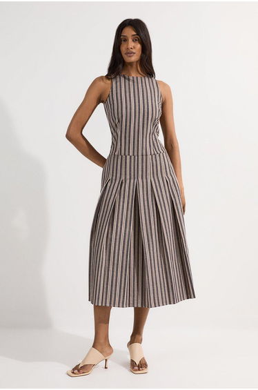 Tailored Stripe Linen Sleeveless Full Skirt Midi Dress