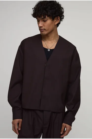 Collarless V Neck Boxy Blazer - chocolate