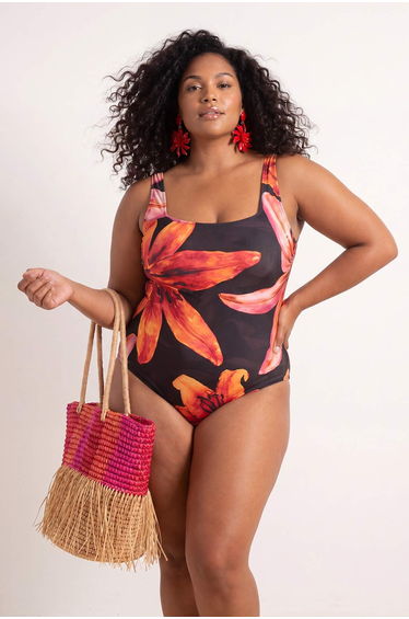 Big Floral Print Basic Thick Strap Plus Size Swimsuit