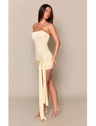 Cream Woven Asymmetric Keyhole Button Detail Bodycon Dress