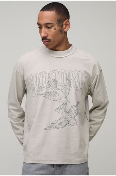 Oversized Boxy Dove Print Exposed Seam Long Sleeve T-Shirt - stone