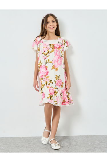 Teen Girls Schiffli Square Neck Dress