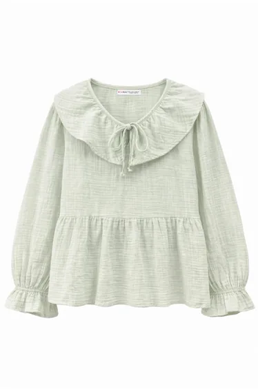 Mixray Frilly Shawl Collar Blouse with Tie Closure