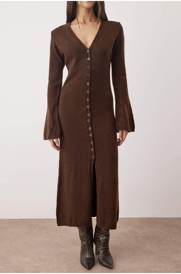 Brown Soft Texture V-Neck Cardigan/Dress Dual Use Knitwear Cardigan