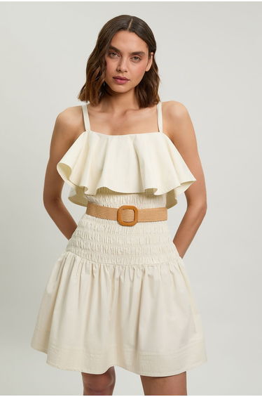 Cotton Poplin Contrast Stitch Belted Mini Dress