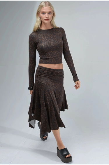 BUSEM High Waist Leopard Print Asymmetrical Midi Skirt