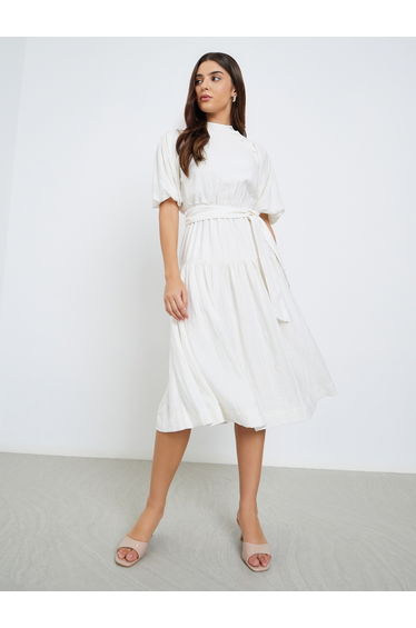 Solid Puff Sleeves Tiered Midi Dress
