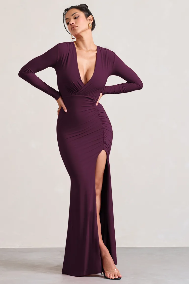 Unforgotten | Plum Wrap Front Maxi Dress With Side Split - 4