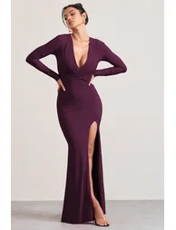 Unforgotten | Plum Wrap Front Maxi Dress With Side Split - 4