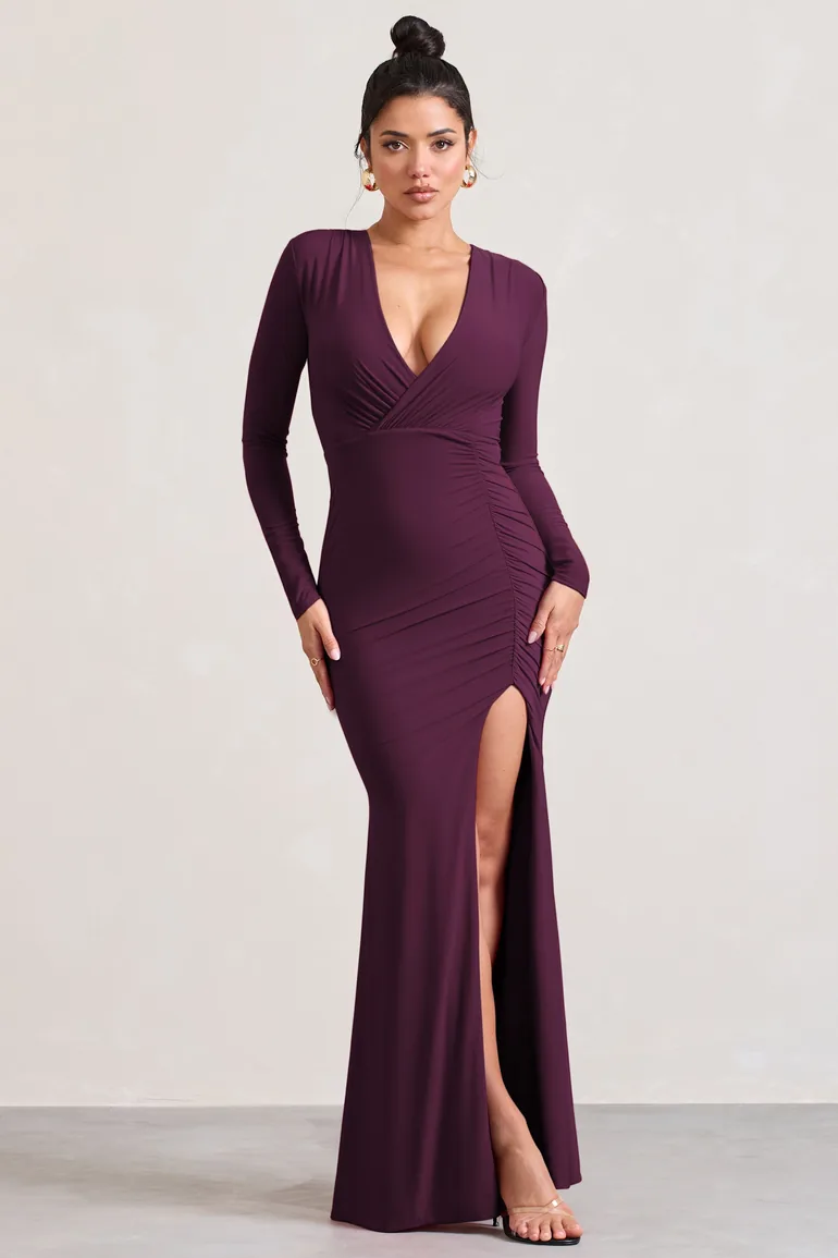 Unforgotten | Plum Wrap Front Maxi Dress With Side Split - 3