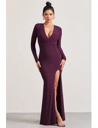 Unforgotten | Plum Wrap Front Maxi Dress With Side Split - 3