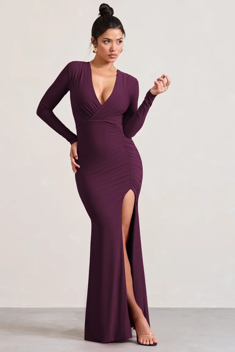 Unforgotten | Plum Wrap Front Maxi Dress With Side Split