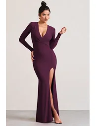 Unforgotten | Plum Wrap Front Maxi Dress With Side Split