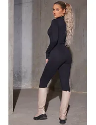 Black Cotton Zip Front Catsuit - 1