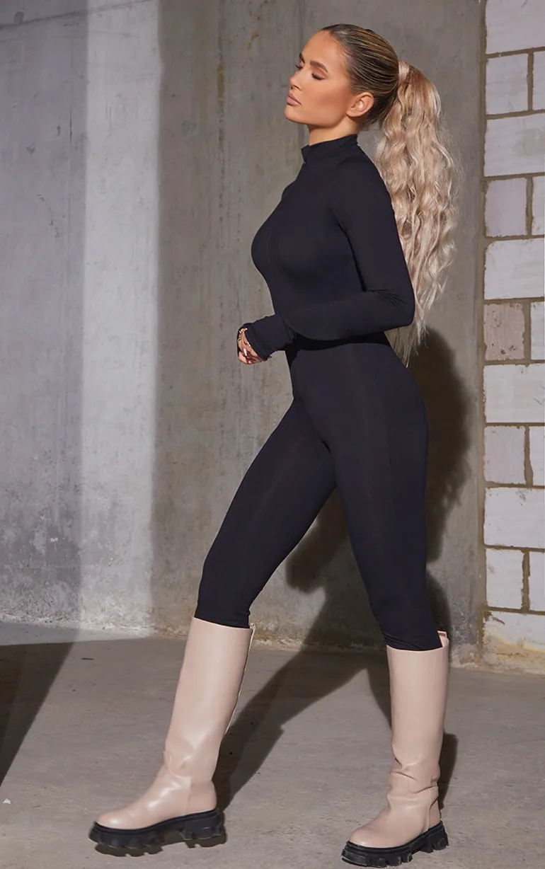 Black Cotton Zip Front Catsuit