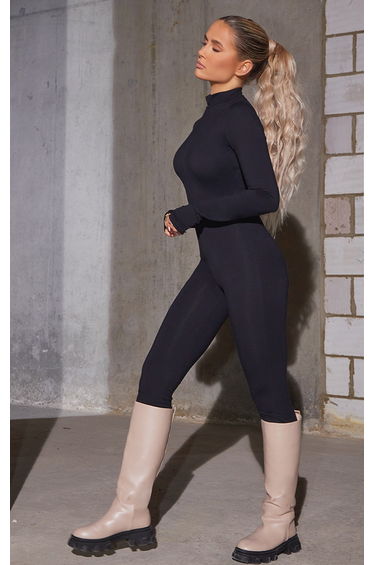 Black Cotton Zip Front Catsuit