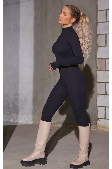 Black Cotton Zip Front Catsuit