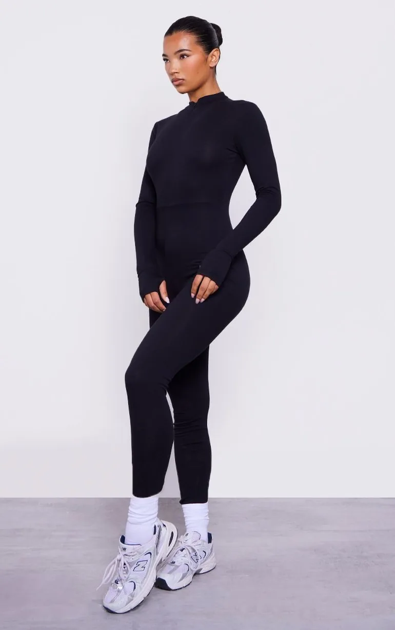 Black Cotton Zip Front Catsuit - 4