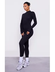Black Cotton Zip Front Catsuit - 4