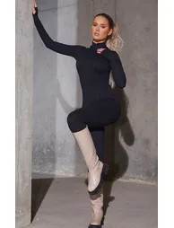 Black Cotton Zip Front Catsuit - 2