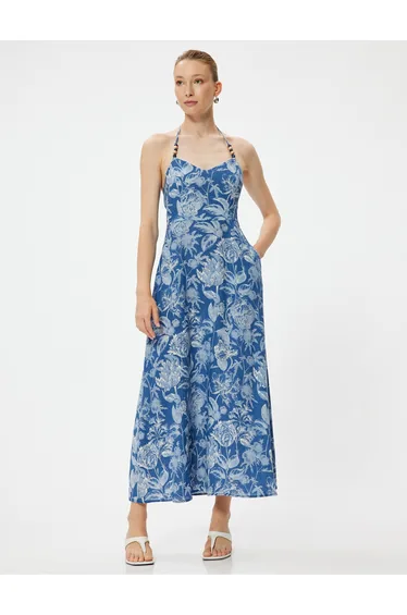 Floral Halter Neck Dress Midaxi Length Linen Blend with Pockets