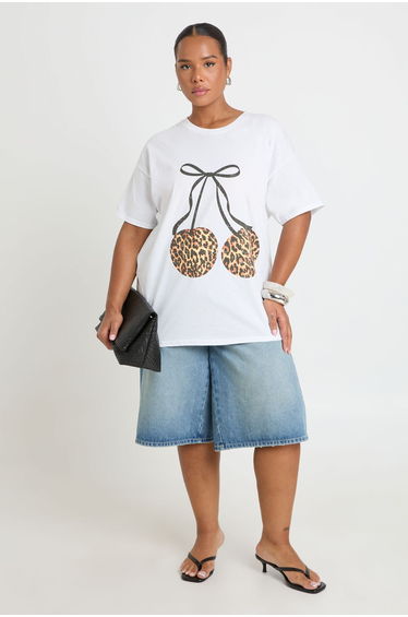 Plus Leopard Cherry Printed T Shirt - white