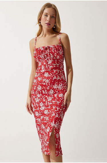 Women's Vibrant White Red Floral Slit Summer Knitted Dress