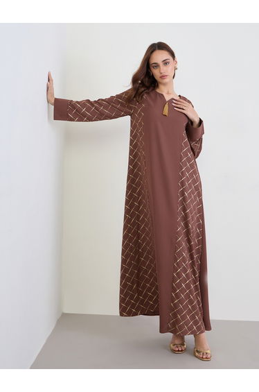 Brown Maxi Jalabiya with Gold Foil Print