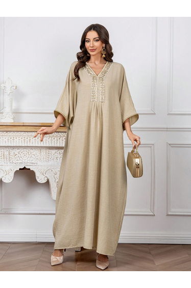 Women Beige Embroidered Batwing Sleeve Jalabiya