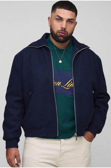 Plus Knitted Collar Zip Up Wool Look Bomber Jacket - navy
