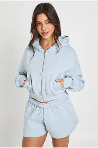 Stud Detail Boxy Crop Zip Through Hoodie - light blue