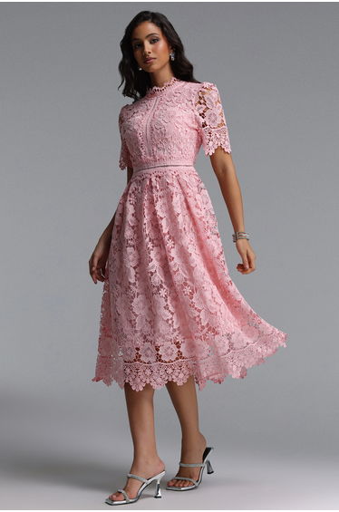 Valema Resort Flowy Short Sleeve Floral Lace Midi Dress