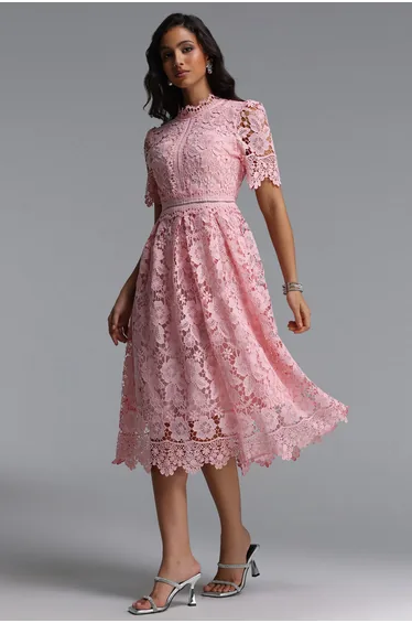 Valema Resort Flowy Short Sleeve Floral Lace Midi Dress
