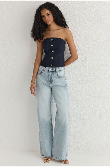 Navy Blue Soft Feel Strapless Woven Blouse