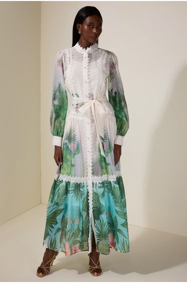 Botanical Print Single Breasted Maxi Dress With Belt