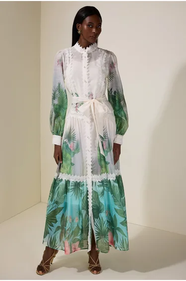 Botanical Print Single Breasted Maxi Dress With Belt