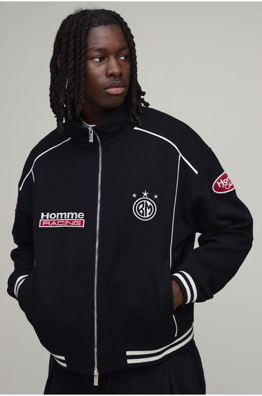Boxy Fit Funnel Neck Piping Homme Varsity Jacket - black