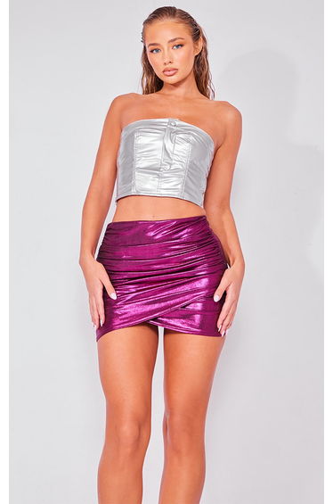 Silver Metallic Faux Leather Popper Detail Corset Crop Top