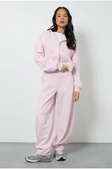 Shorter Length Hoodie And Barrel Leg Jogger Tracksuit - baby pink