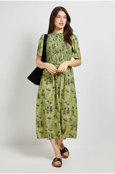 Green Floral Shirred Bodice Drop Waist Midi Dress