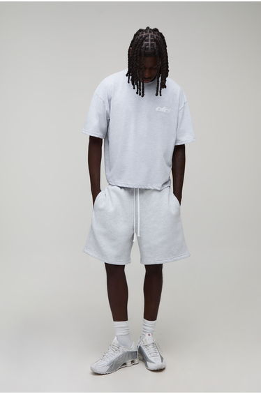 Oversized Boxy OFCL T-Shirt & Extended Drawcord Baggy Short Set - grey marl